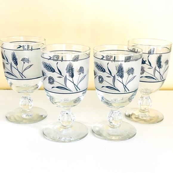 4 Vtg Libbey Glass Silver Wheat Wild Flower Goblets Water Wine Glasses Vintage - Picture 1 of 6